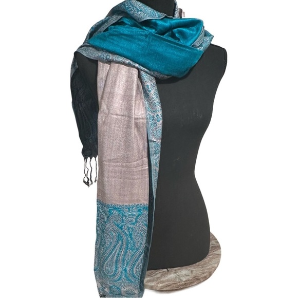 Elegant Large Shawl Wrap Double-sided Super Soft Quality Rayon Silver Aquamarine - Picture 11 of 16